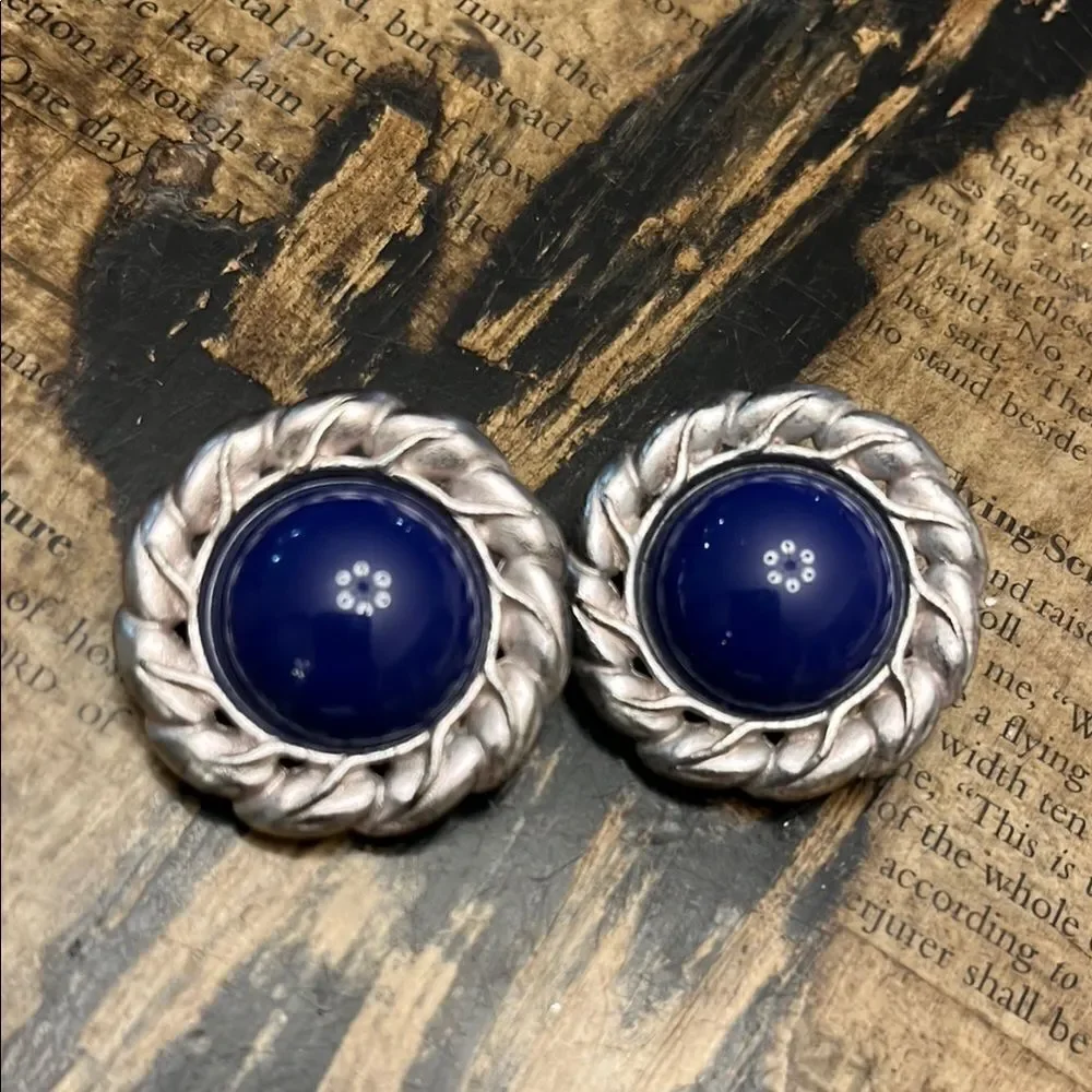 Vintage Liz Claiborne Blue Cabochon Clip-On Earrings Silver Tone Rope Frame